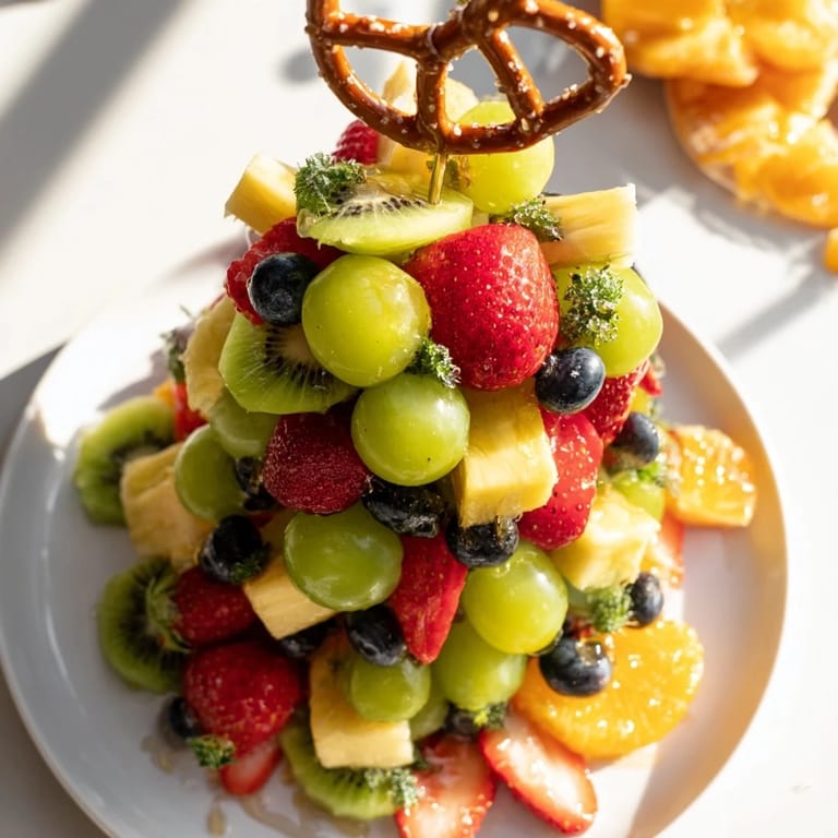 Freshly prepared Ornament Fruit Medley with pretzel stick "hooks," ready to serve for a party.