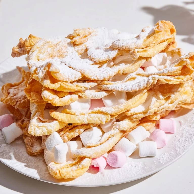 A beautiful dessert board showcasing crispy angel wings, with fruit and candy, ready for dipping and delightful bites.