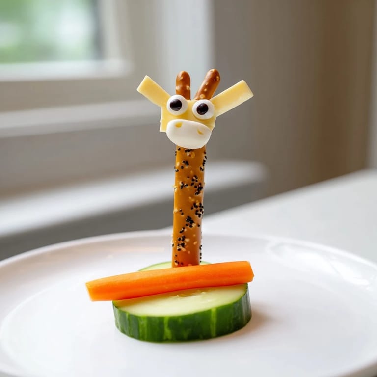 Kid-friendly Long-Necked Giraffe Snack Tower recipe: easy to make, fun to eat, complete with pretzel necks.