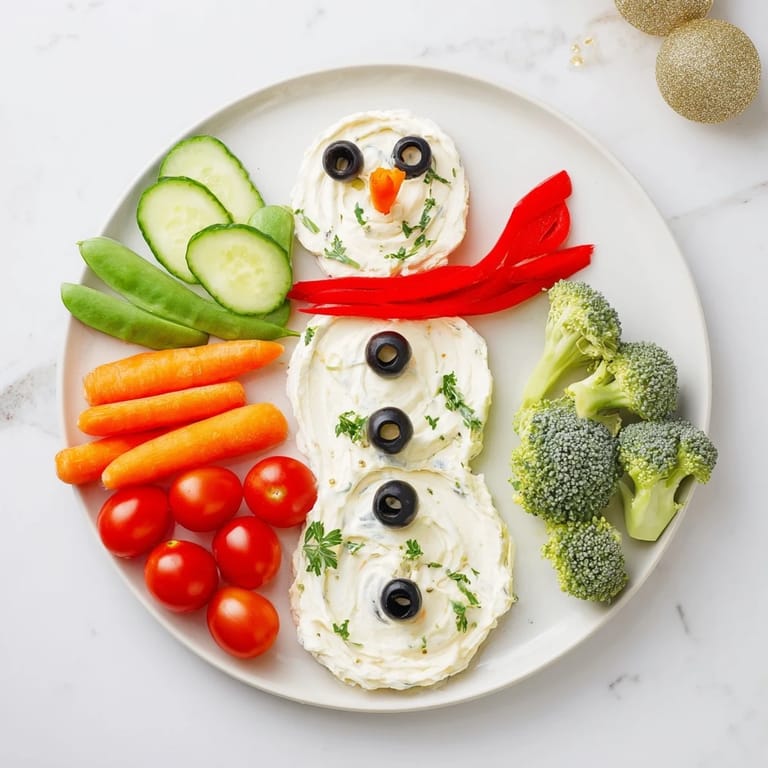This Snowman Veggie Dip Platter features a creamy snowman surrounded by colorful, crunchy veggie dippers.