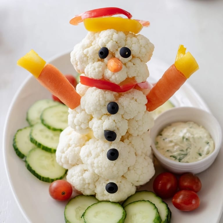 Healthy & fun appetizer: Freshly arranged Snowman Crudités with a zesty yogurt dip, perfect for kids.