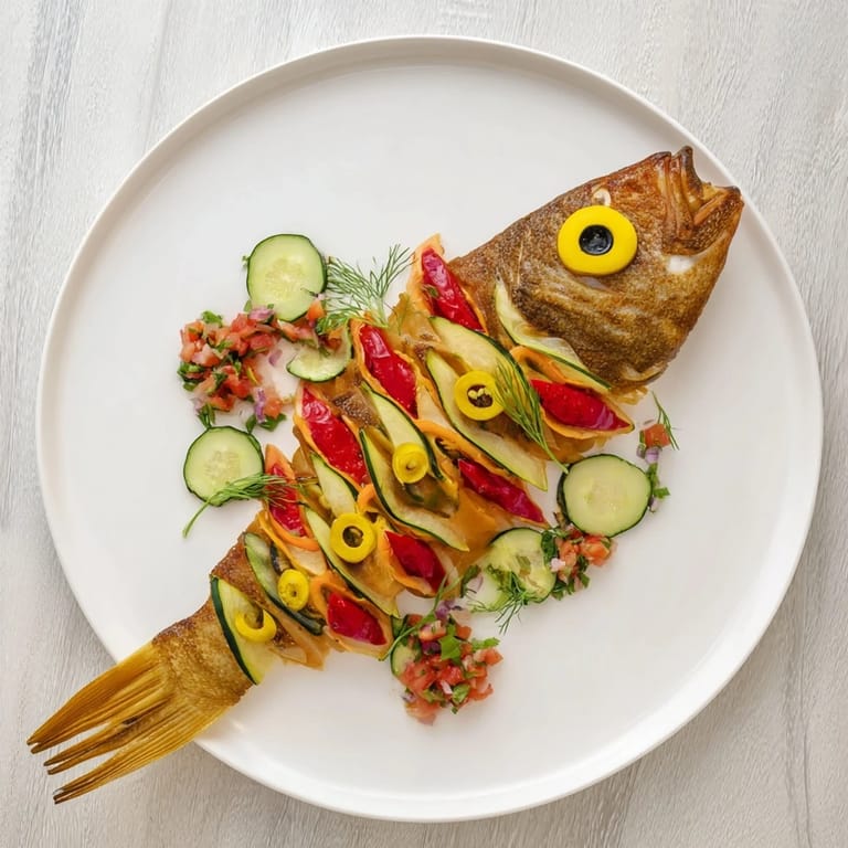 Baked light fish-shaped meal on a plate, featuring tender white fish and colorful vegetable decorations.