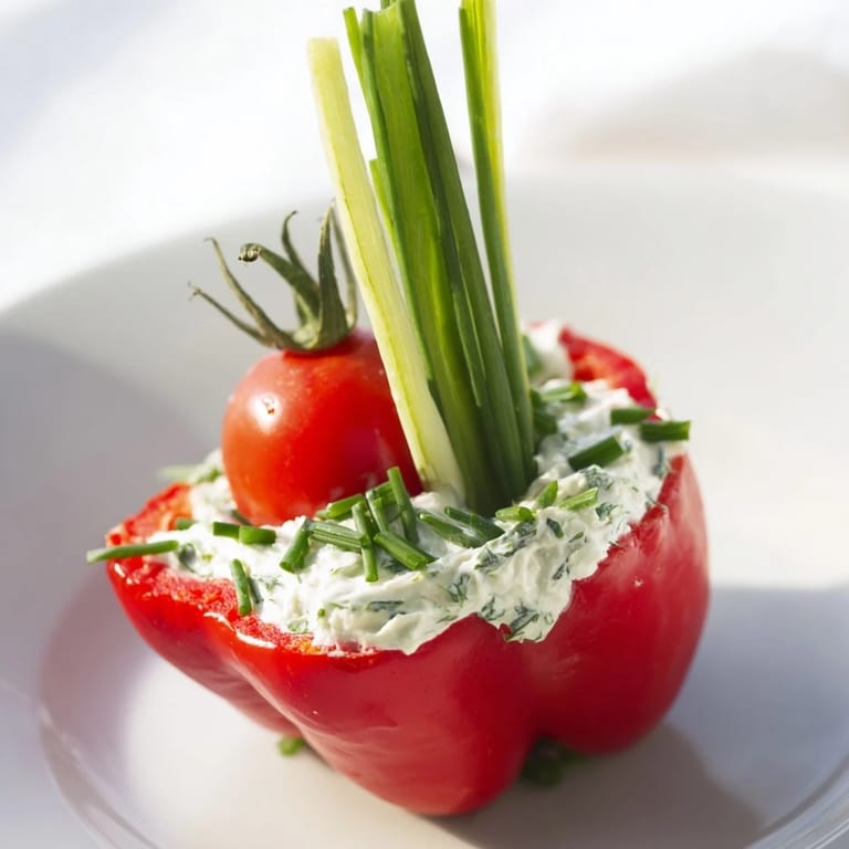 Delicate Blooming Tulip Veggie Cups appetizer, showcasing vivid red pepper "blooms" holding a savory filling.