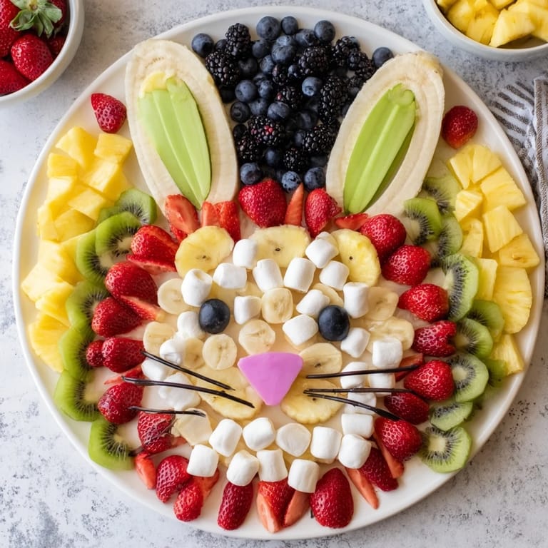 Vibrant Bunny Face Fruit Salad Platter features a playful bunny face made from fresh, colorful fruits.