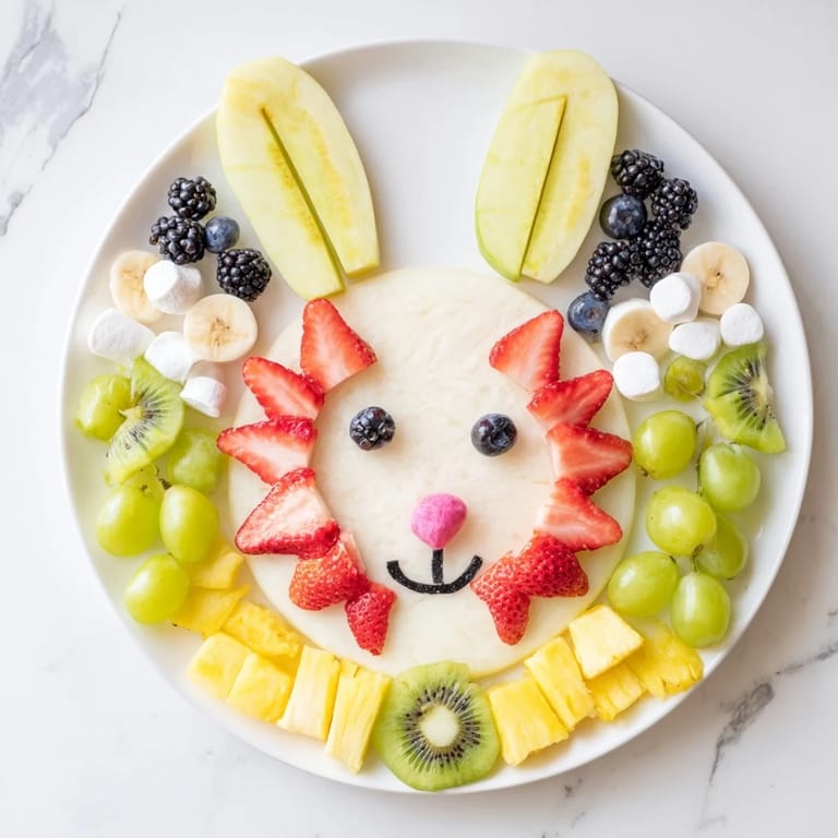 A cheerful Bunny Face Fruit Salad Platter; imagine kiwi ears framing a berry-filled bunny face.