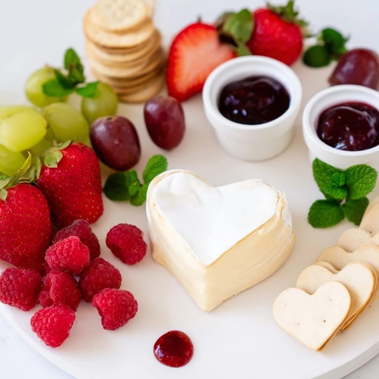 Vibrant Sweetheart Brie and Jam Board, featuring heart-shaped cheese and fresh berries ready to share.