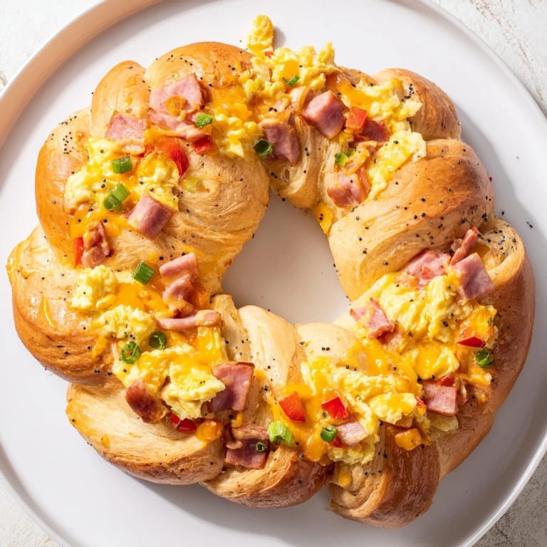 Fluffy eggs and savory ham nestled in the wreath-shaped egg and ham bake, ready to slice.
