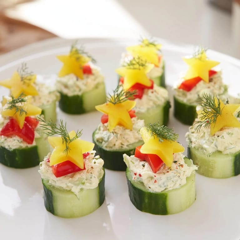 Vibrant photo shows Holiday Star Cucumber Bites with colorful bell pepper garnish, ready to serve, deliciously fresh.