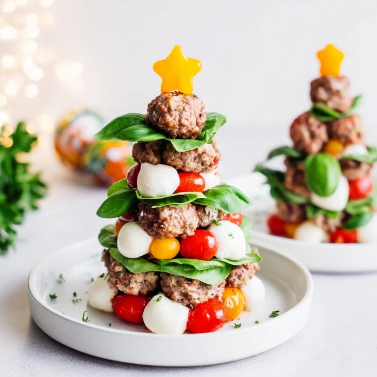 Visualize delicious, assembled Savory Bites: Mini Meatball Christmas Trees, bursting with herby flavors and basil.