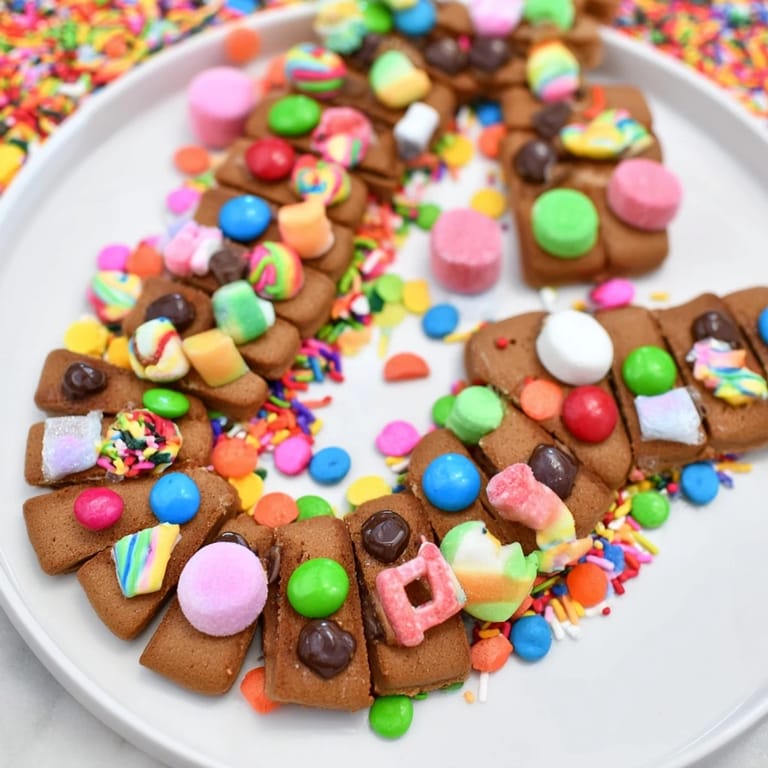 Festive Candy Land gingerbread path dessert board arranged with colorful candies is calling you for dessert.