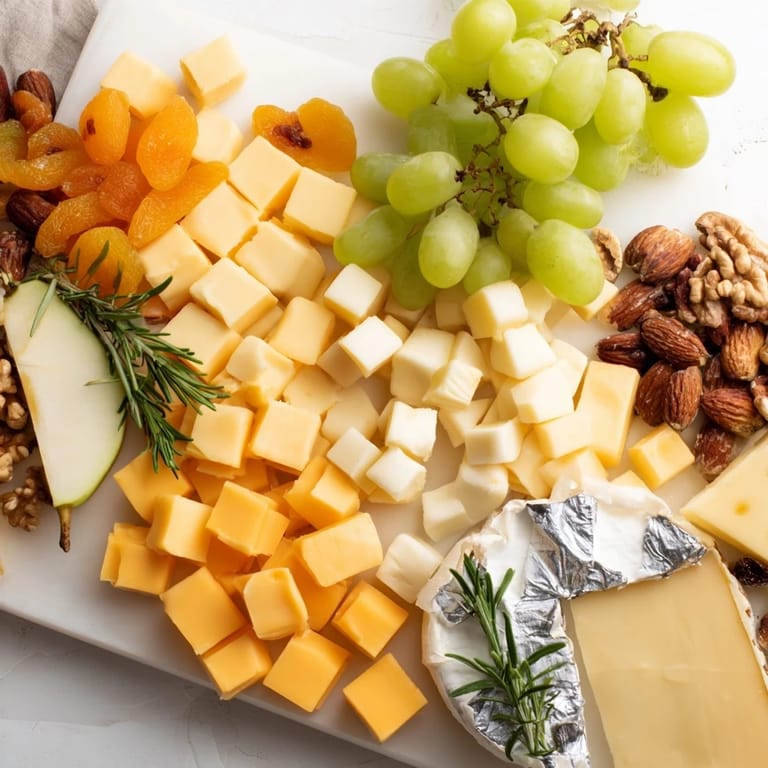 Delicious Gold and Silver Cheese Cube Board featuring a variety of cheeses with fresh grapes and almonds.