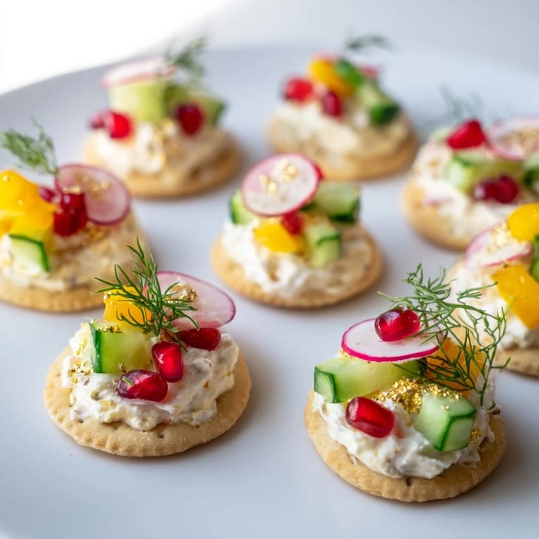Beautifully decorated Ornament Shaped Cracker Toppings featuring colorful, fresh vegetable and herb toppings for an appetizer.