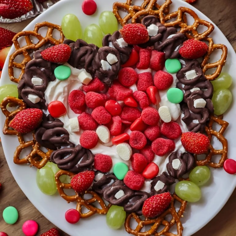 Delicious Grinch's Heart Pretzel Board arrangement with fresh fruits and creamy dips, ready to serve and enjoy.