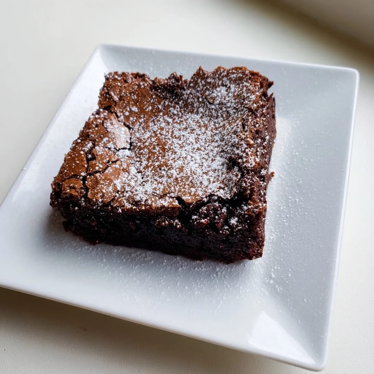 Perfect homemade brownie squares, offering a rich chocolate flavor, lightly dusted with powdered sugar.