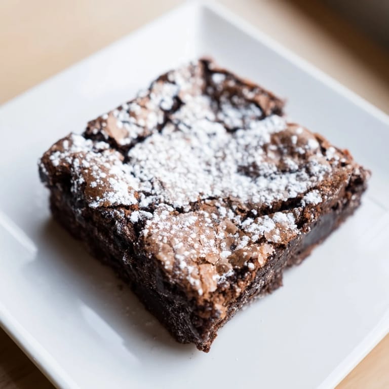 Close-up of freshly baked brownie squares, showing a soft, chocolatey interior, with powdered sugar.