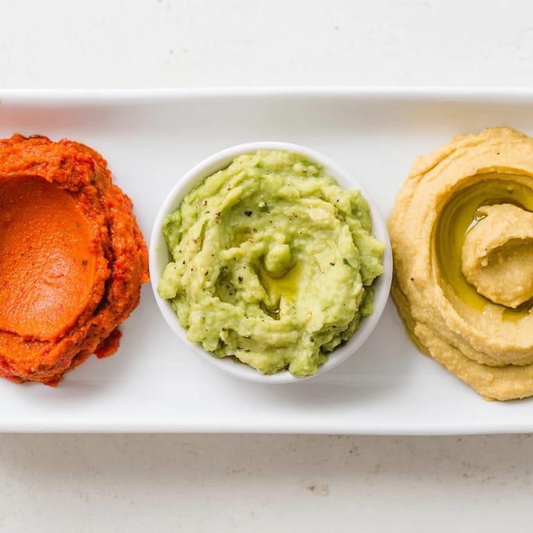 Beautiful arrangement of creamy dips: the elegant Dip Trio served with crunchy vegetables.