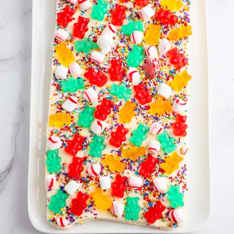 Festive gummy bears and crushed candy canes are scattered across glistening white chocolate, a delicious dessert.