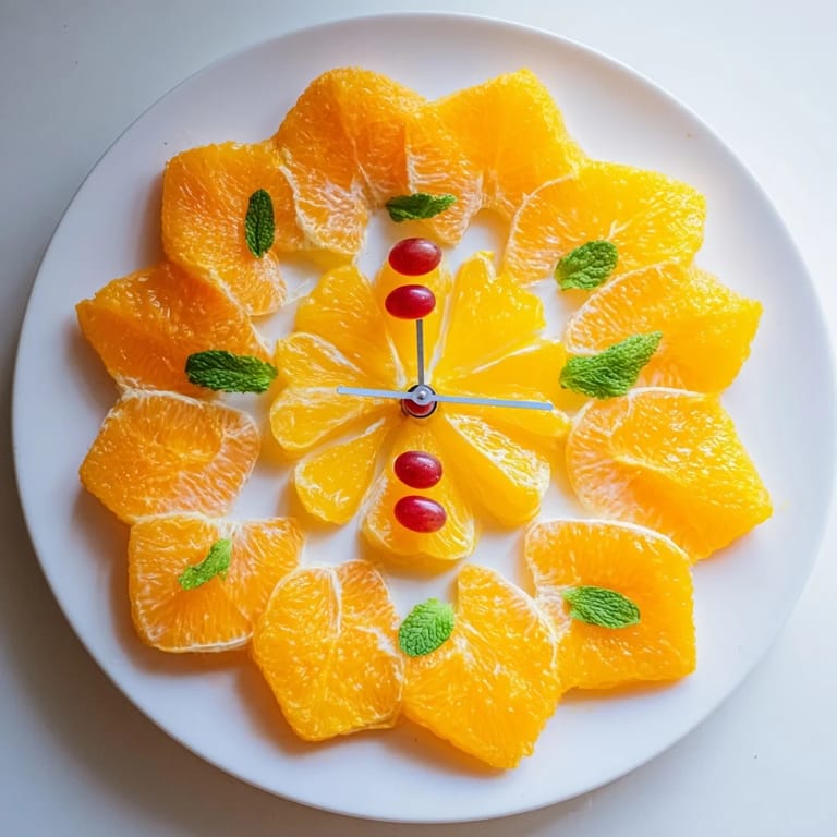 Bright, sweet Grape and Orange Slice Clock Face, perfectly arranged with vibrant, juicy fruit.