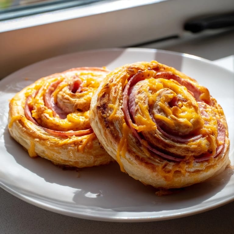 Warm, melty cheese and tender ham filling these delicious savory pinwheel rolls, ready to eat now.