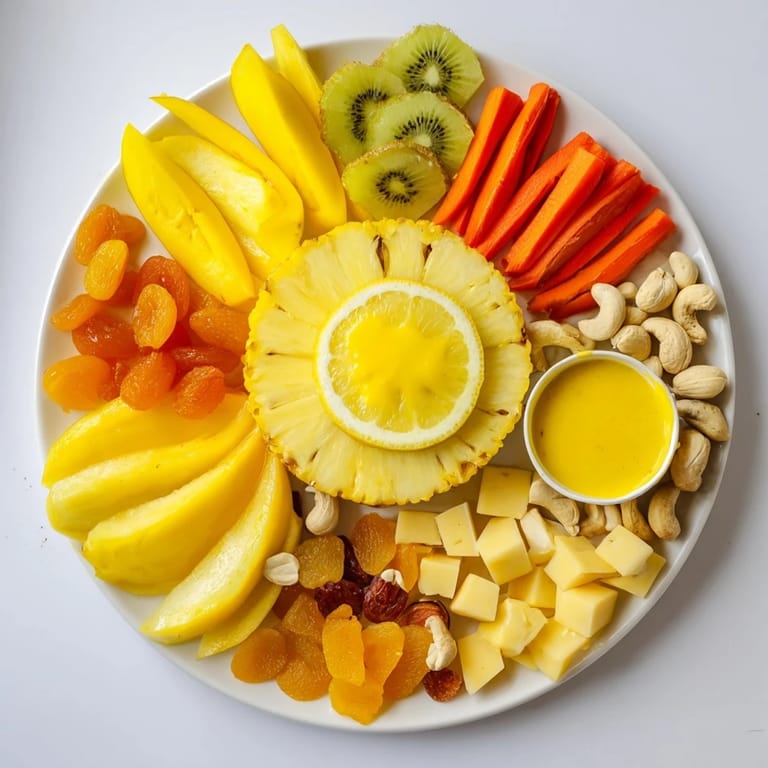 A close-up view of the 57 Citrus Burst board, showcasing golden kiwi slices and juicy mangoes.