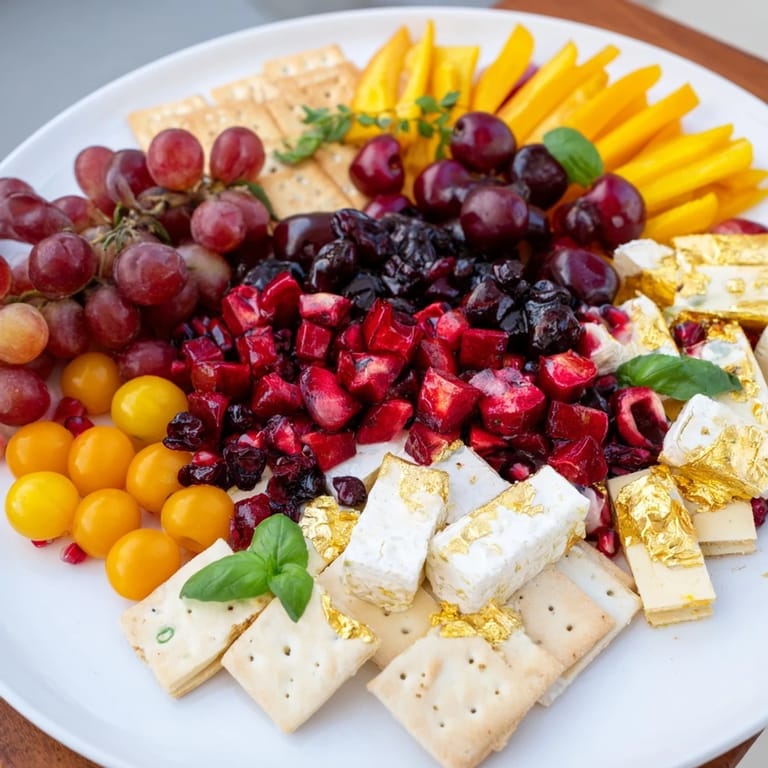 Beautifully arranged Crimson & Gold Gala cheese board, featuring golden crackers and deep red fruits for serving.