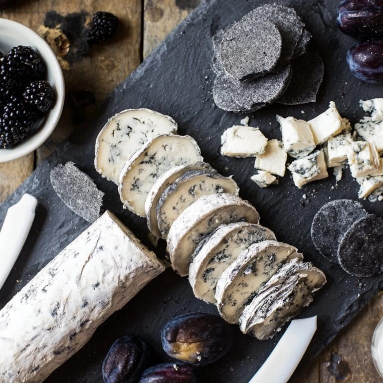 A close-up of a monochrome gray stone cheese board with artisan cheeses, crackers, and fruits.