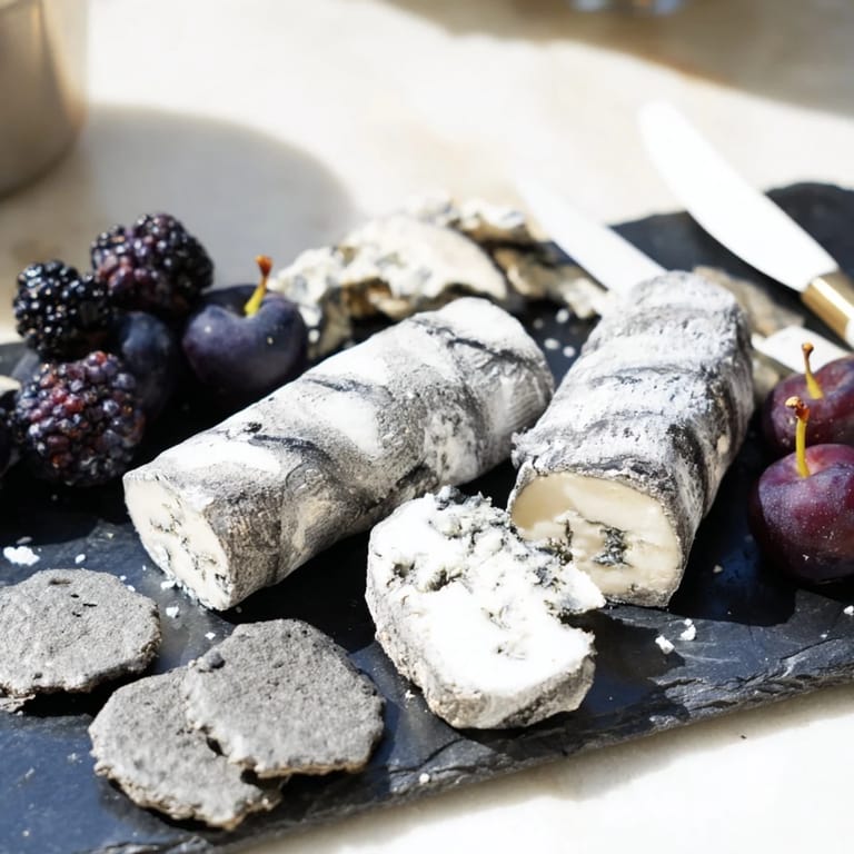 Sophisticated monochrome gray stone cheese board, complete with dark olive tapenade and fresh herbs.