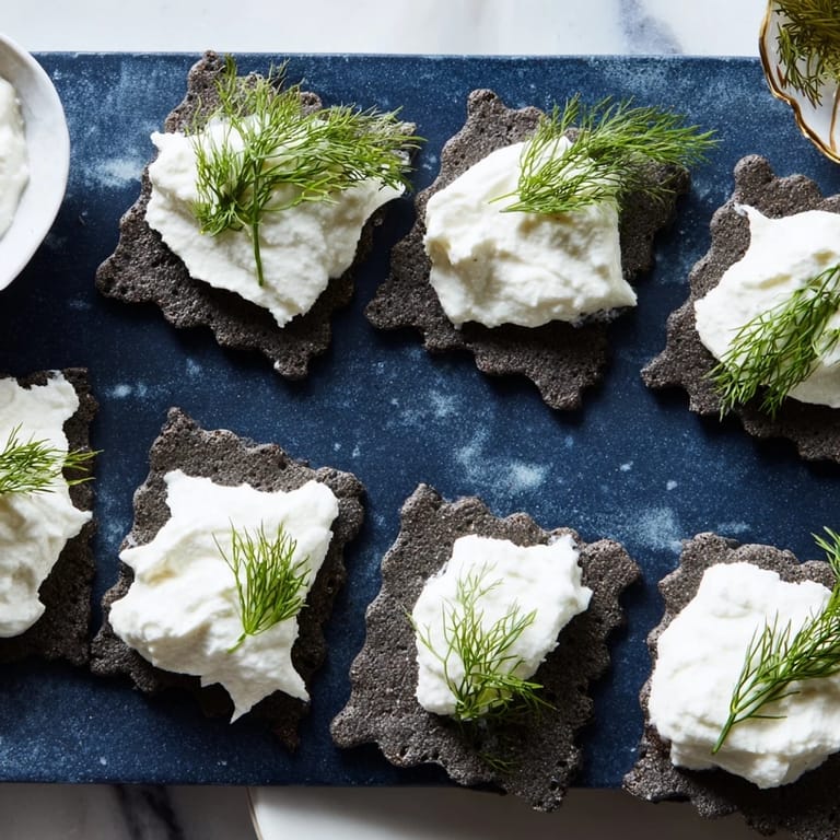 Enjoy the "Stormy Sea" appetizer; a beautiful display of goat cheese topping dark, wavy crackers.
