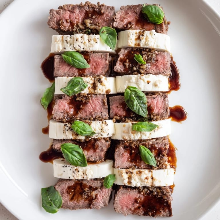 Close-up of the flavorful Safari Stripes, with glistening balsamic drizzle coating the meat.