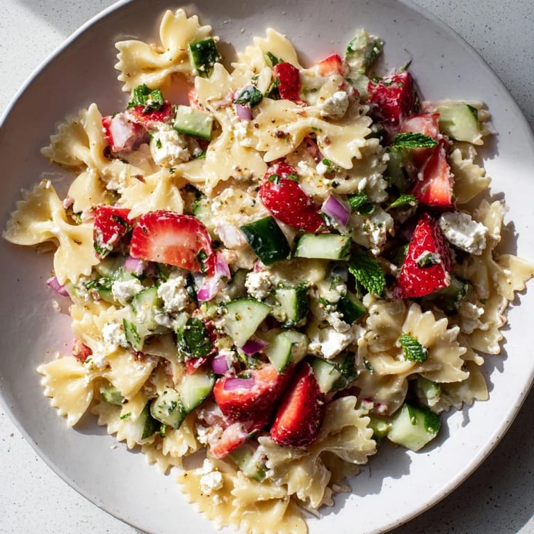 A colorful bowl of Strawberry Feta Pasta shows off fresh ingredients with cooling cucumber.