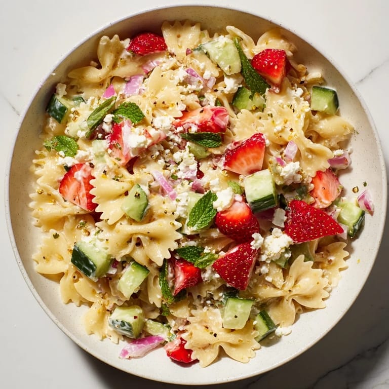 Chilled Strawberry Feta Pasta is tossed with a tangy yogurt dressing for a summer picnic.
