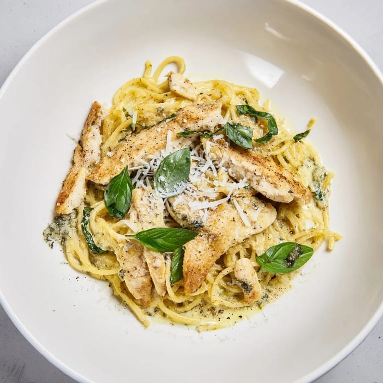 A creamy, satisfying bowl of Pesto Egg and Chicken Pasta with Parmesan and fresh basil, ready to eat.