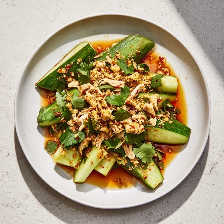 A close-up view of the savory Whole Cucumber Logan Salad, a refreshing, Asian-inspired meal.
