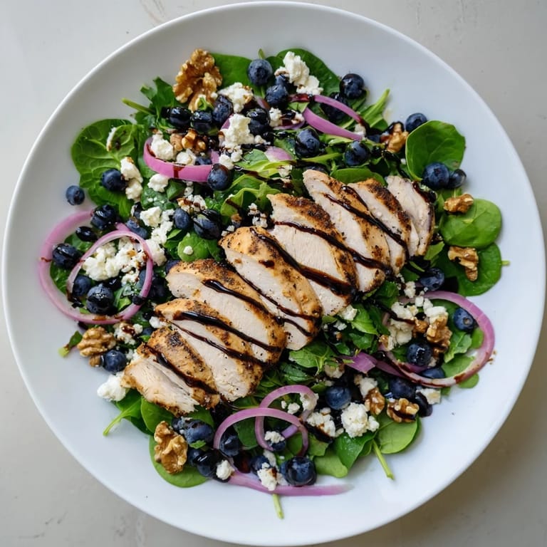 This homemade Blueberry Goat Cheese Chicken Salad features grilled chicken with a tangy balsamic drizzle.