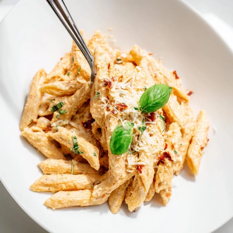 Close-up of the smooth, red Sun-Dried Tomato & Cottage Cheese Pasta Sauce, ready on the pasta.