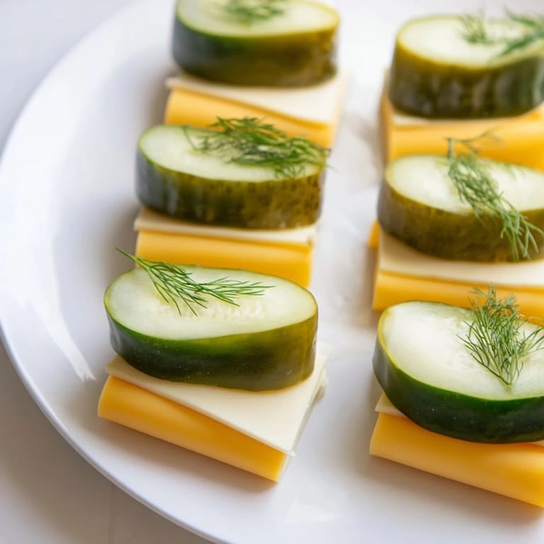 Fresh dill garnishes this easy, refreshing Dill Pickles and Sliced Cheese appetizer, ready to enjoy.