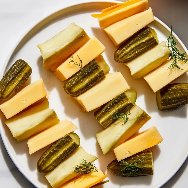 Creamy Swiss and sharp cheddar enhance these Dill Pickles and Sliced Cheese appetizer's delightful taste.