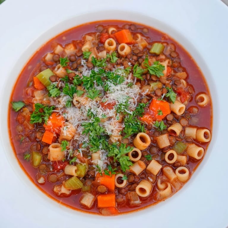 Close-up of a creamy bowl of Ditalini and Lentil Soup, full of tender lentils and pasta.