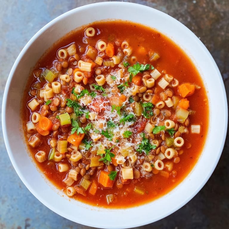 Flavorful Ditalini and Lentil Soup, simmering in a pot with vegetables and herbs, ready to serve.