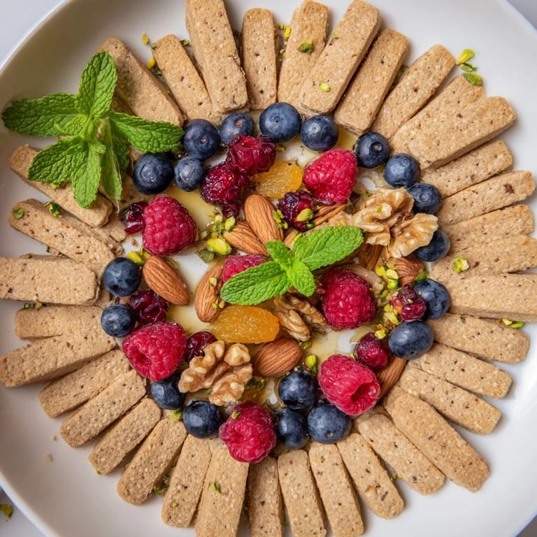 Imagine this Picket Fence appetizer: vibrant berries and nuts spilling from within crispy cracker walls.