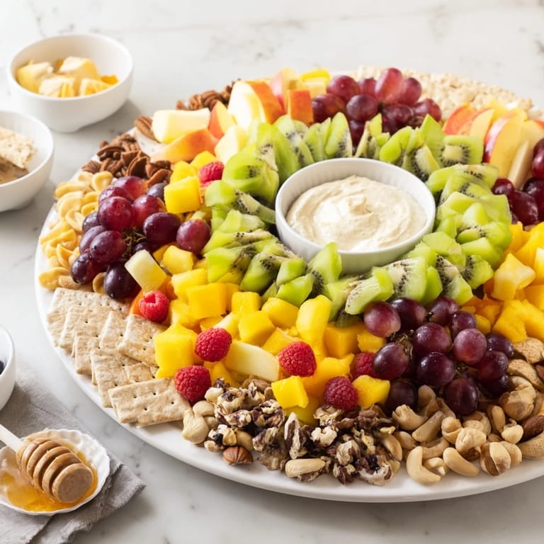Bright and appetizing, The Hidden Oasis shows a visually stunning arrangement of fruits and snacks.