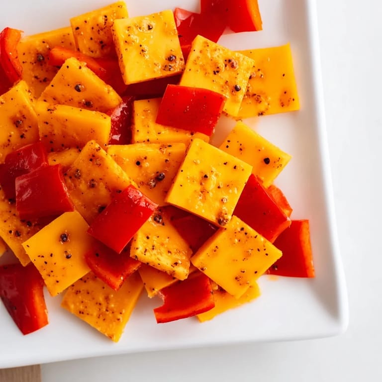 Eye-catching Bauhaus Block recipe: Vivid red pepper squares with cheddar and plump blue grapes, ready to serve.