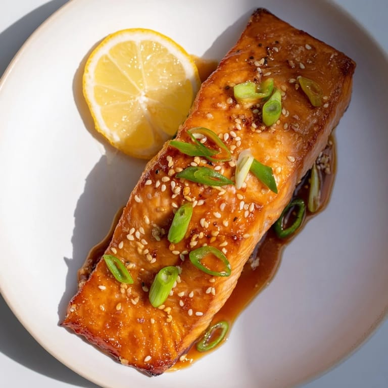 Perfectly cooked Ginger Soy Glazed Salmon fillets with sesame seeds and green onions are pictured.