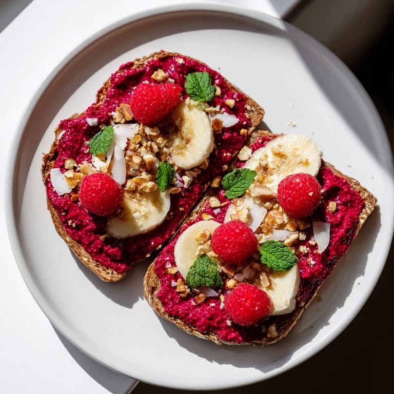 Close-up of a delightful breakfast; the raspberry chia jam glistening atop toasted bread with fresh toppings.