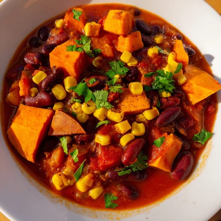 A close-up of a flavorful, vegetarian Smoky Sweet Potato Chili with fresh cilantro garnish.