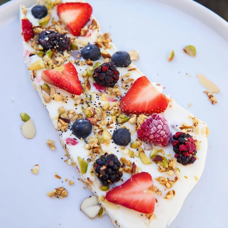 Vibrant Frozen Fruit Yogurt Bark; colorful berries and nuts sit atop a creamy yogurt base.