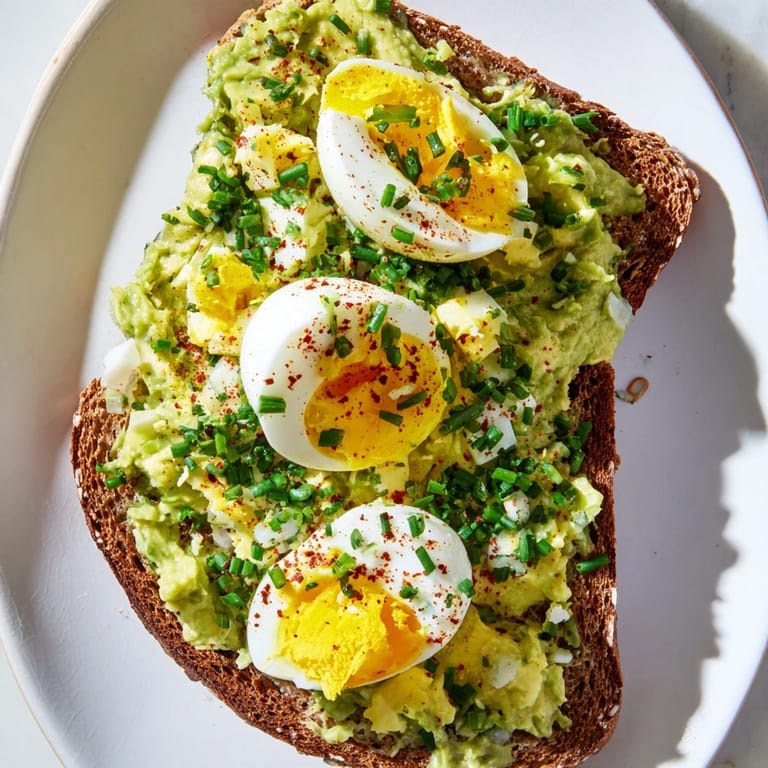 Vibrant photo of avocado egg smash atop whole-grain toast, garnished with fresh chives.