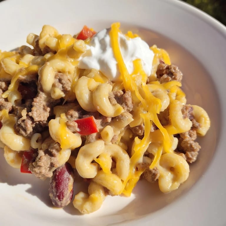 A close-up shot of creamy one-pot chili mac, ready to serve with optional sour cream.