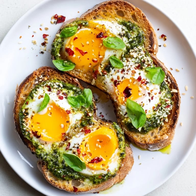 Enjoy a delicious plate of pesto egg toast: a quick, flavorful breakfast with optional toppings.