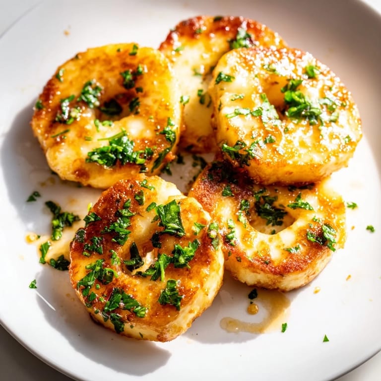 Crispy pan-fried Hot Honey Halloumi, ready to be drizzled with flavorful hot honey.